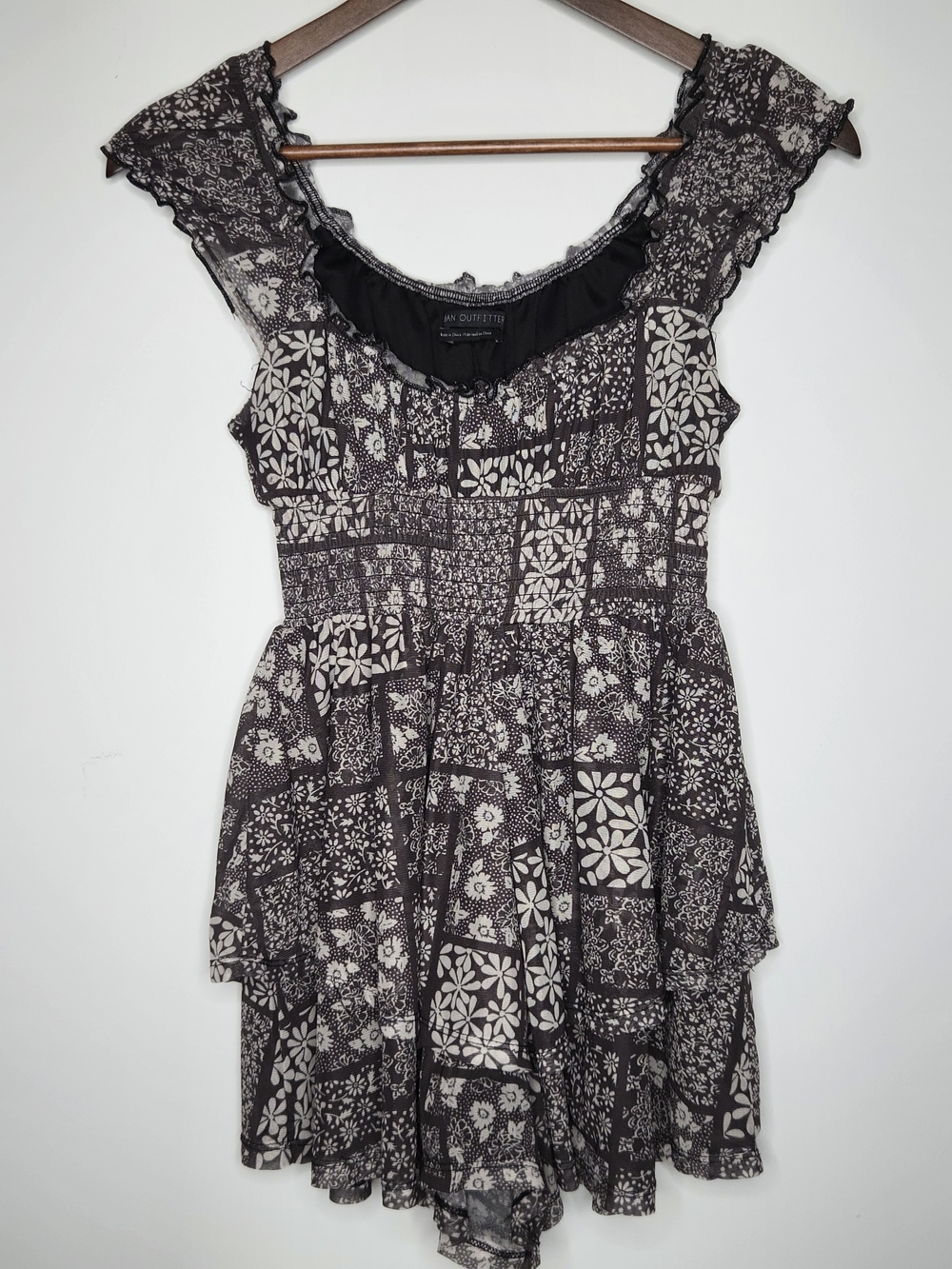 Urban Outfitters Rosie Patchwork Smocked Tiered Ruffle Romper Black Cream XS
